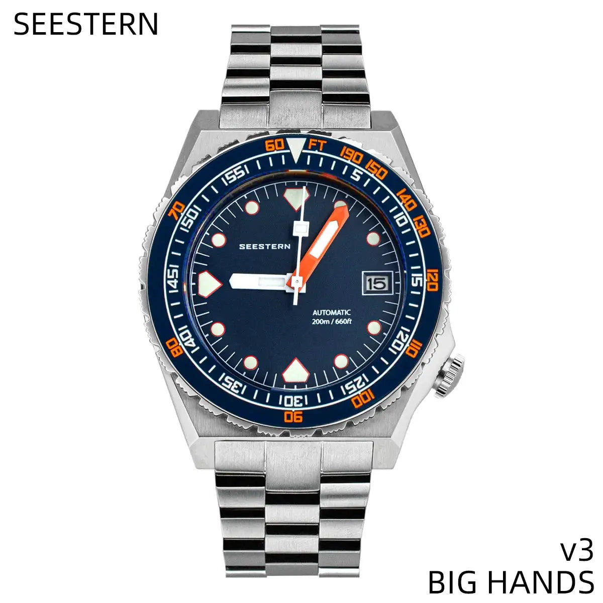 SEESTERN SUB600T men's diver watch blue dial, orange hands, stainless steel bracelet, automatic NH35