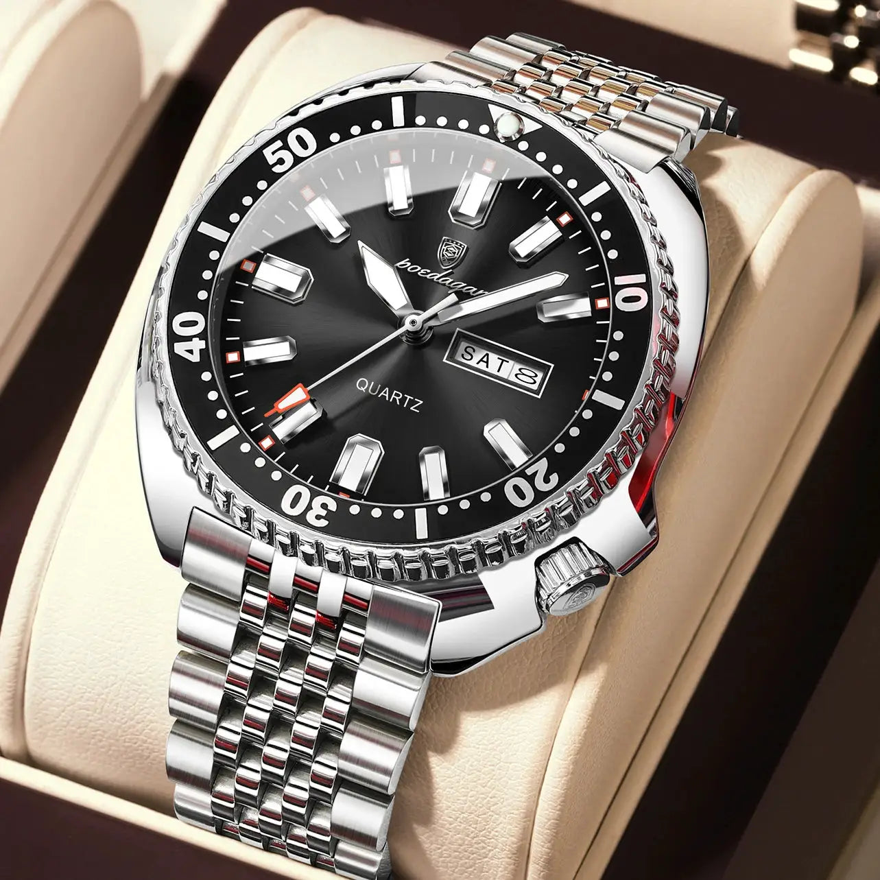 POEDAGAR men's stainless steel wristwatch with black dial, date and day display, luminous hands