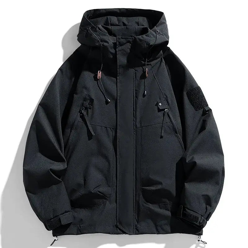 Windbreaker jacket for men, black hooded waterproof with zippered pockets