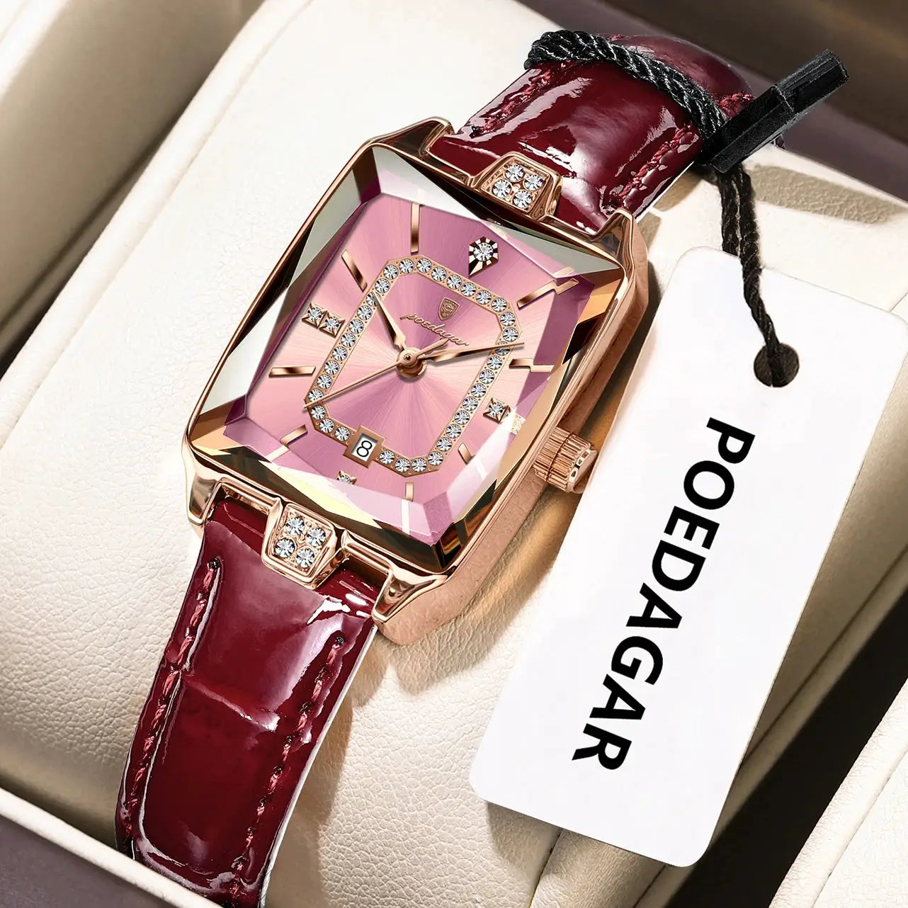 POEDAGAR luxury women's wristwatch with rose-gold case, pink dial, crystal bezel, burgundy leather strap