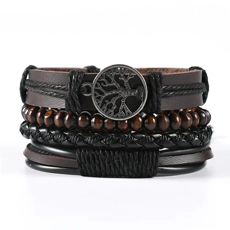 4 Piece Set Braided Leather Wrap Bracelets For Men Vintage Life Tree Rudder Charm Wood Beads Ethnic Tribal Wristbands