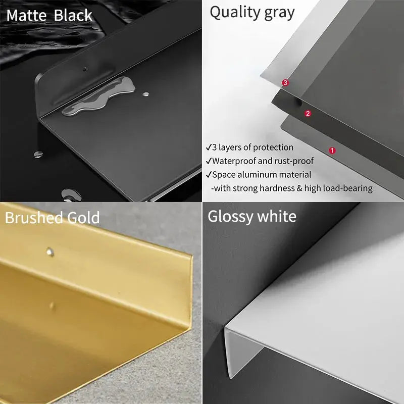 Floating bathroom shelves set of 4 finishes by Simples Market in matte black, gray, brushed gold and glossy white