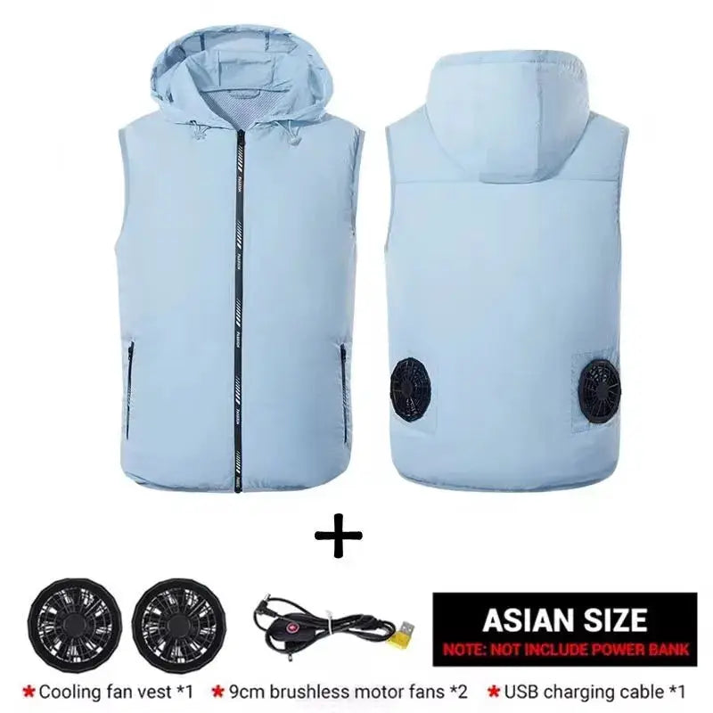 Simples Market cooling fan vest in light blue ultralight windbreaker with hood and 2 USB fans