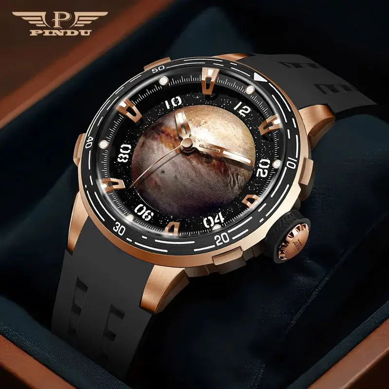 PINDU Planet Series mechanical watch with rose-gold case, black silicone strap, luminous dial