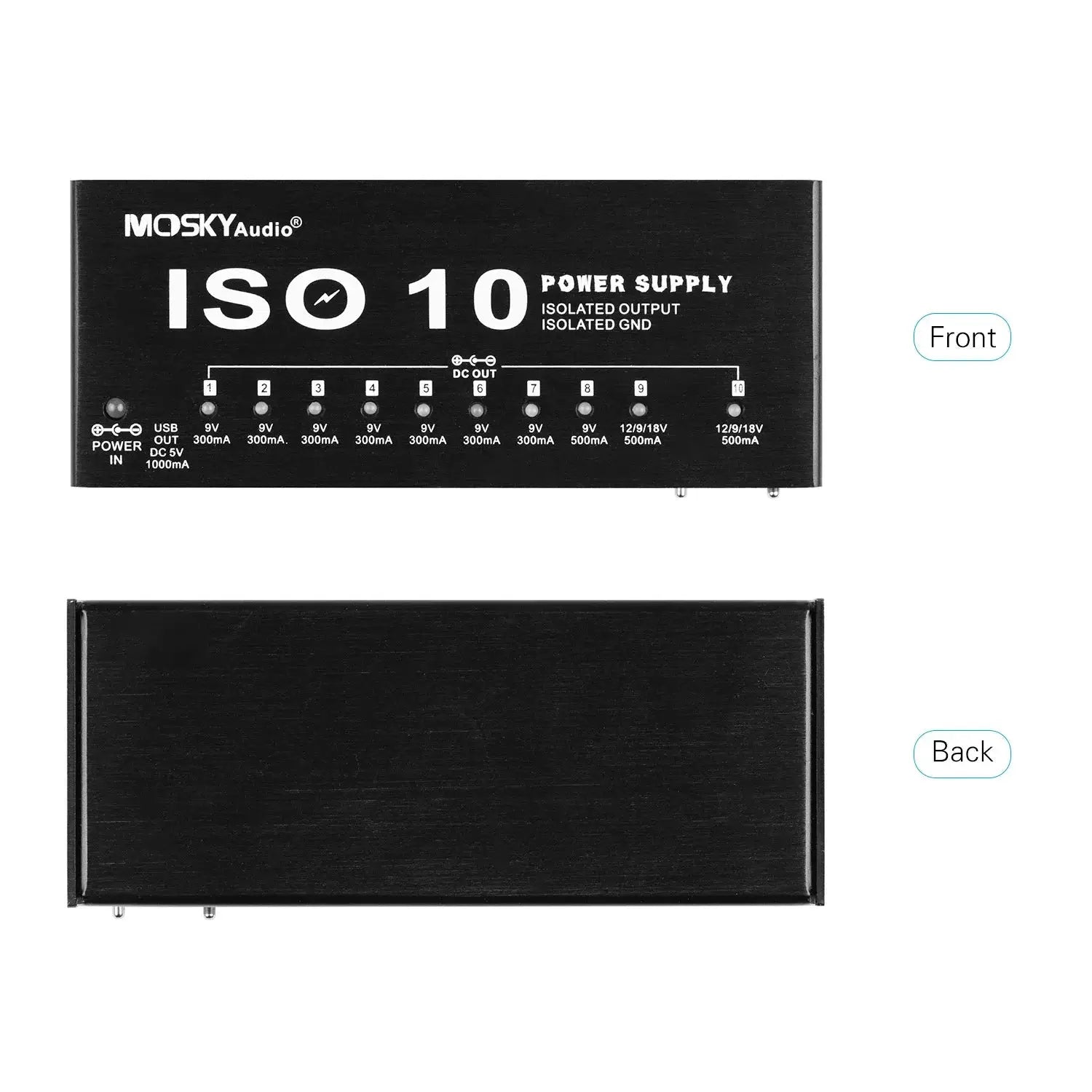 MOSKY ISO-10 Guitar Pedal Power Supply With 10 Isolated DC Outputs And 5V USB For 9V 12V And 18V Pedals