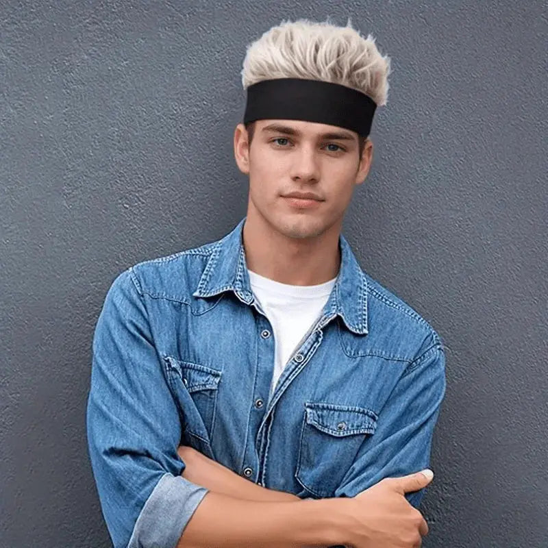Knitted hip-hop wig cap with black headband and blonde wig, worn by a model in a denim shirt