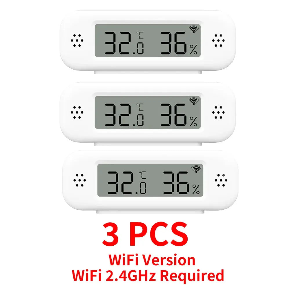 3 pcs white Tuya WiFi mini thermometer hygrometer for smart home, app remote alarm compatible with Google/Yandex/Alexa.