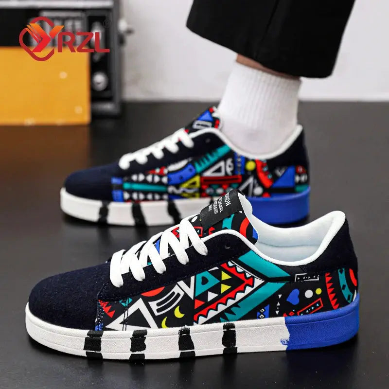 YRZL Men Canvas Sports Running Shoes Geometric Graffiti Print Lace Up Sneakers For Couples