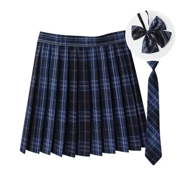 Simples Market 3-piece navy plaid pleated skirt set with matching necktie and bow