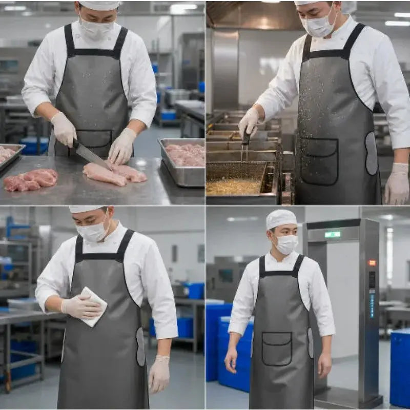 Simples Market PVC waterproof kitchen apron, oil resistant, gray-black with front pocket