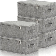 Simples Market stackable foldable fabric storage boxes with lids and handles, grey linen fabric, under-bed storage