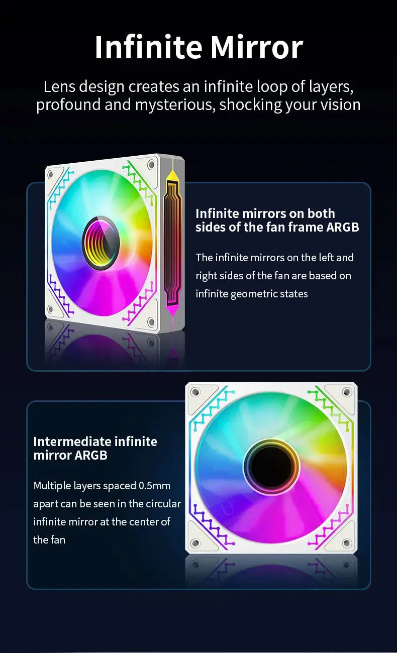 Prism12025 ARGB 120mm PC case fans, 5V 3Pin PWM, two fans with infinite mirror light effect.
