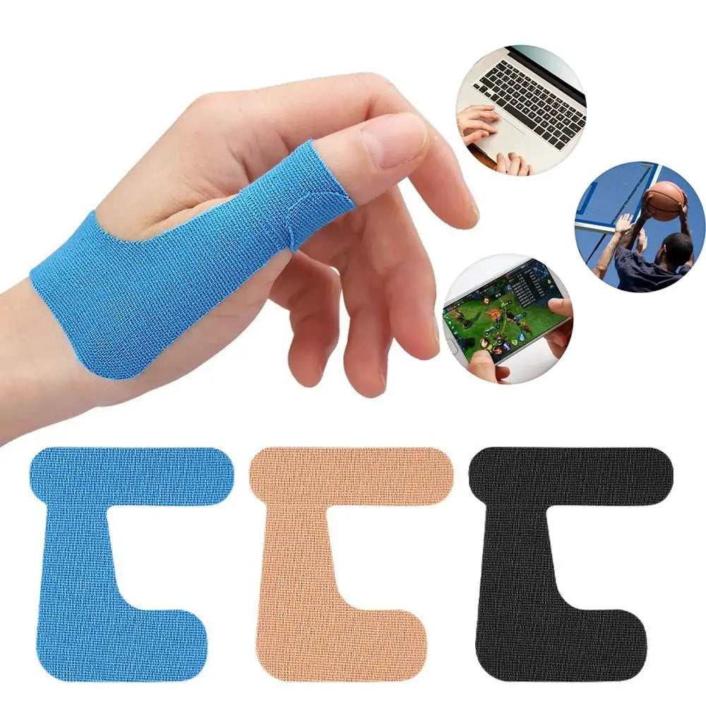 Thumb support tape patches, 10pc precut, self-adhesive kinesiology patches for fingers in blue, peach, and black