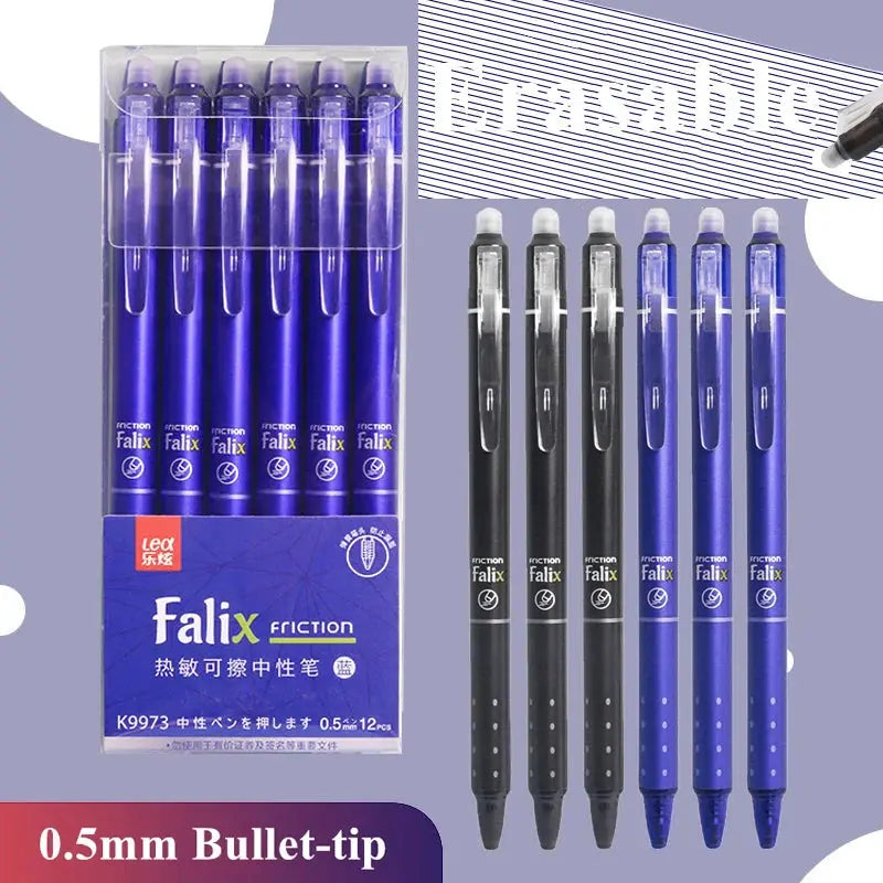 Falix 0.5mm retractable erasable gel pen set with refills, blue/black ink, built-in erasers, 12-pack