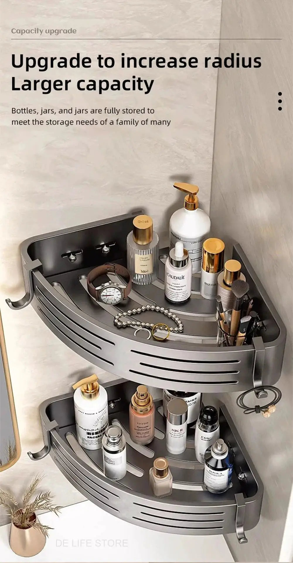 Bathroom corner shelf by Simples Market with plastic-hook towel bar, space aluminum finish, 2-tier shower organizer