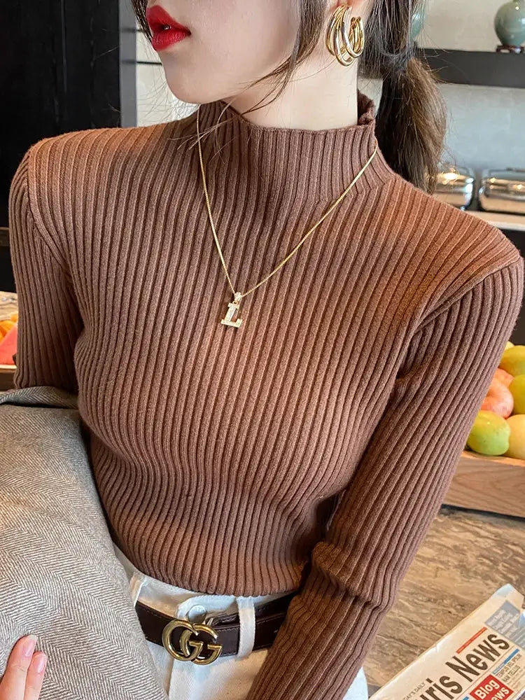 Elegant Solid Basic Knitted Turtleneck Sweater For Women Long Sleeve Slim Casual Pullover Korean Fashion Chic