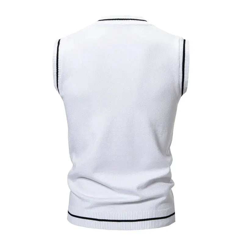 Men's white knit vest, sleeveless with black trim (back view)