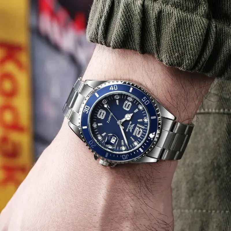 Men's stainless steel quartz wristwatch with blue dial and blue bezel, date window, Simples Market