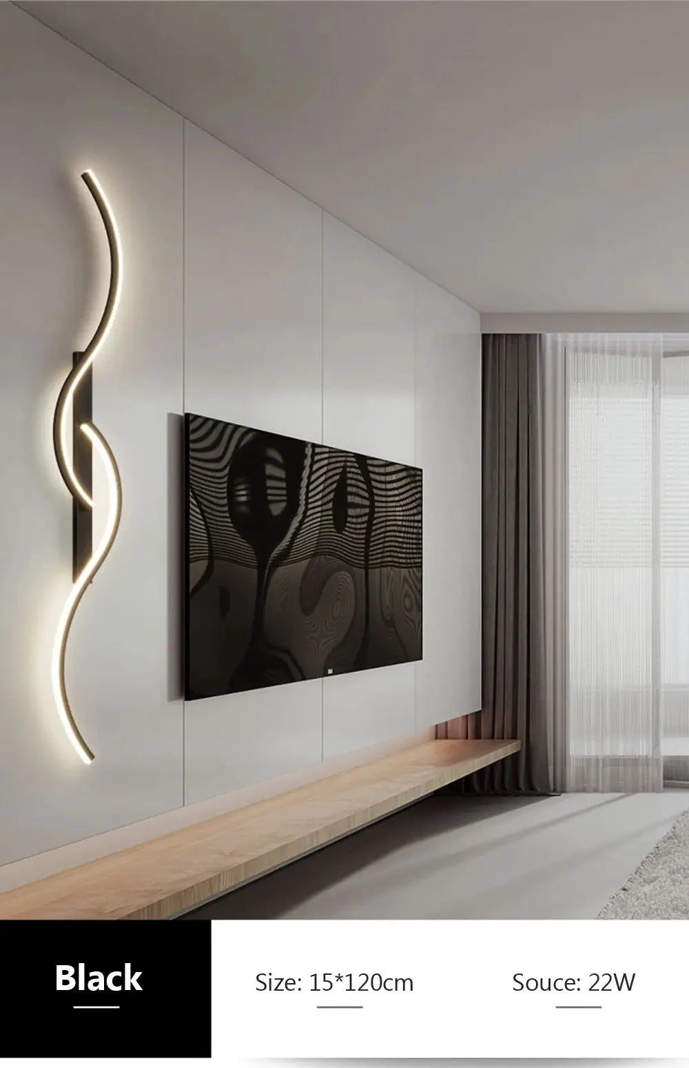 Simples Market modern LED wall lamp, black curved strip sconce for living room or bedroom, 15x120cm, 22W