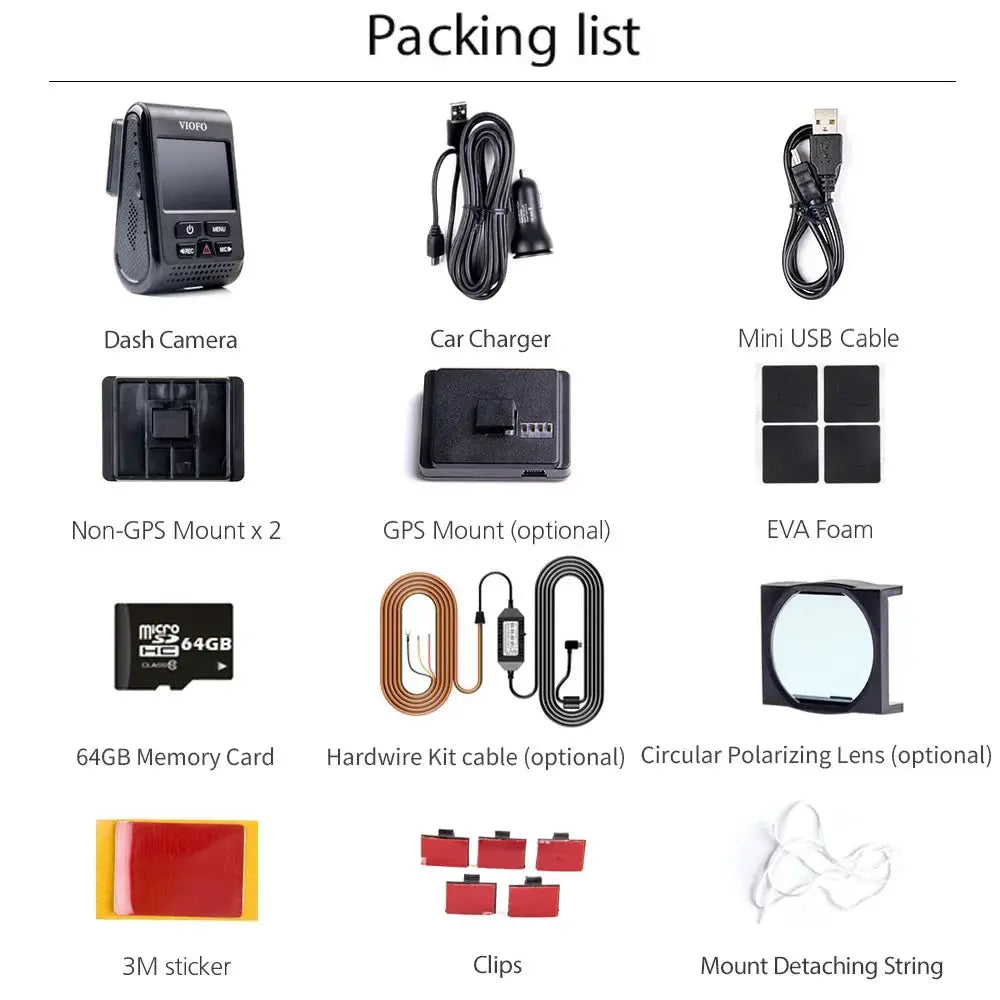 VIOFO A119 V3 dash camera packing list: 12 items including dash cam, mounts, 64GB card, cables, CPL lens.