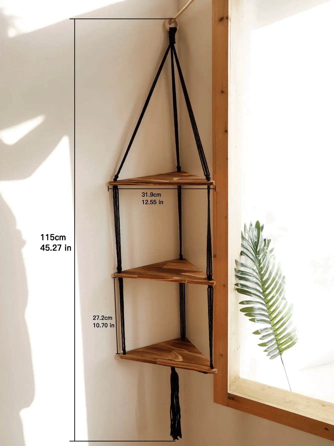 Simples Market 1/2/3-tier triangular corner wooden shelf with black cords for boho decor