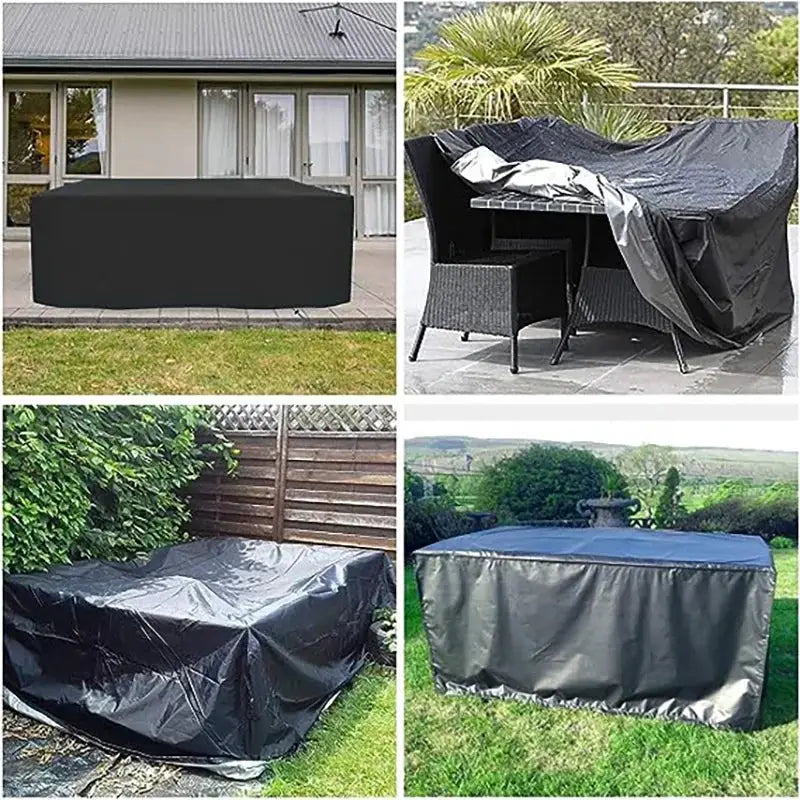 Garden furniture cover by Simples Market, black 210D Oxford cloth, waterproof and windproof; four views.