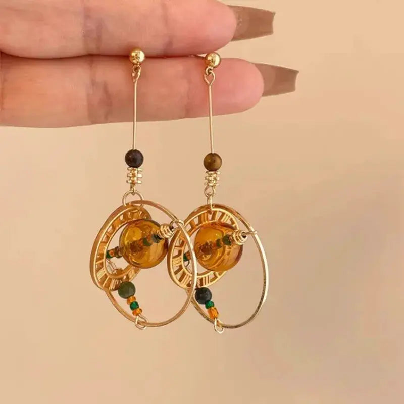 Unique Clock Earrings, gold-tone drop earrings with circular clock-face rings and amber beads (pair)