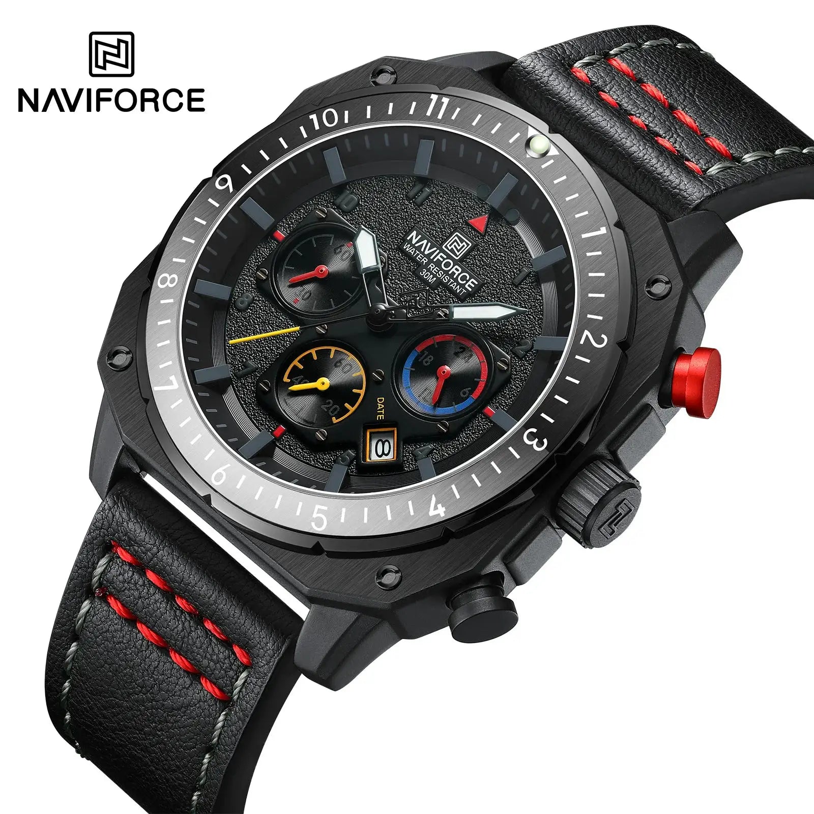 NAVIFORCE men's sports watch, black leather strap with red stitching, multifunction chronograph, water resistant 30m