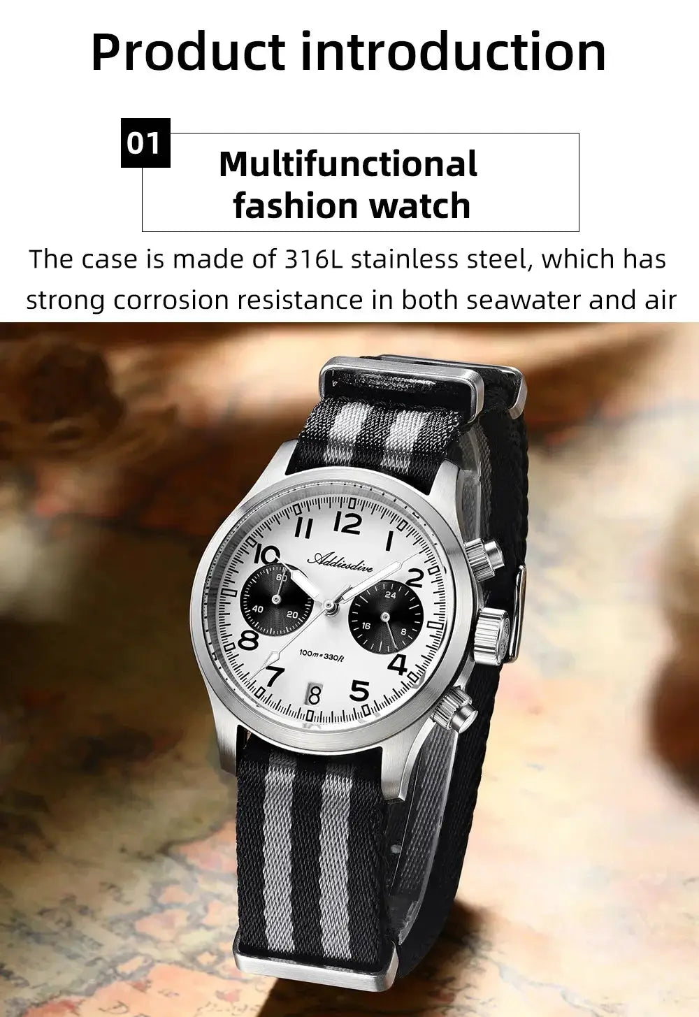 Addiesdive men's chronograph watch with white dial, black subdials, stainless steel case, and striped NATO strap