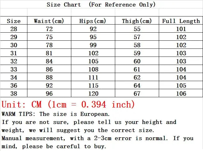 Simples Market men's pure cotton casual pants size chart with waist, hips, thigh, and length in cm (European sizing)