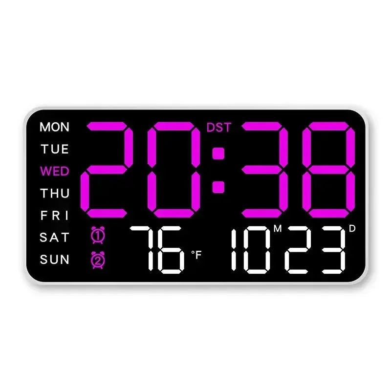 Simples Market mirror-brushed digital wall clock with purple LED time, day indicators, and temp readout