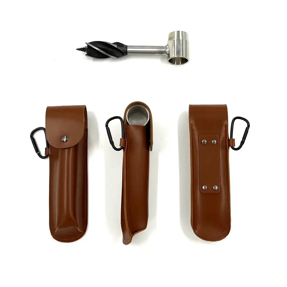 Auger wrench hand drill with three brown leather belt pouches and carabiners for camping survival gear.