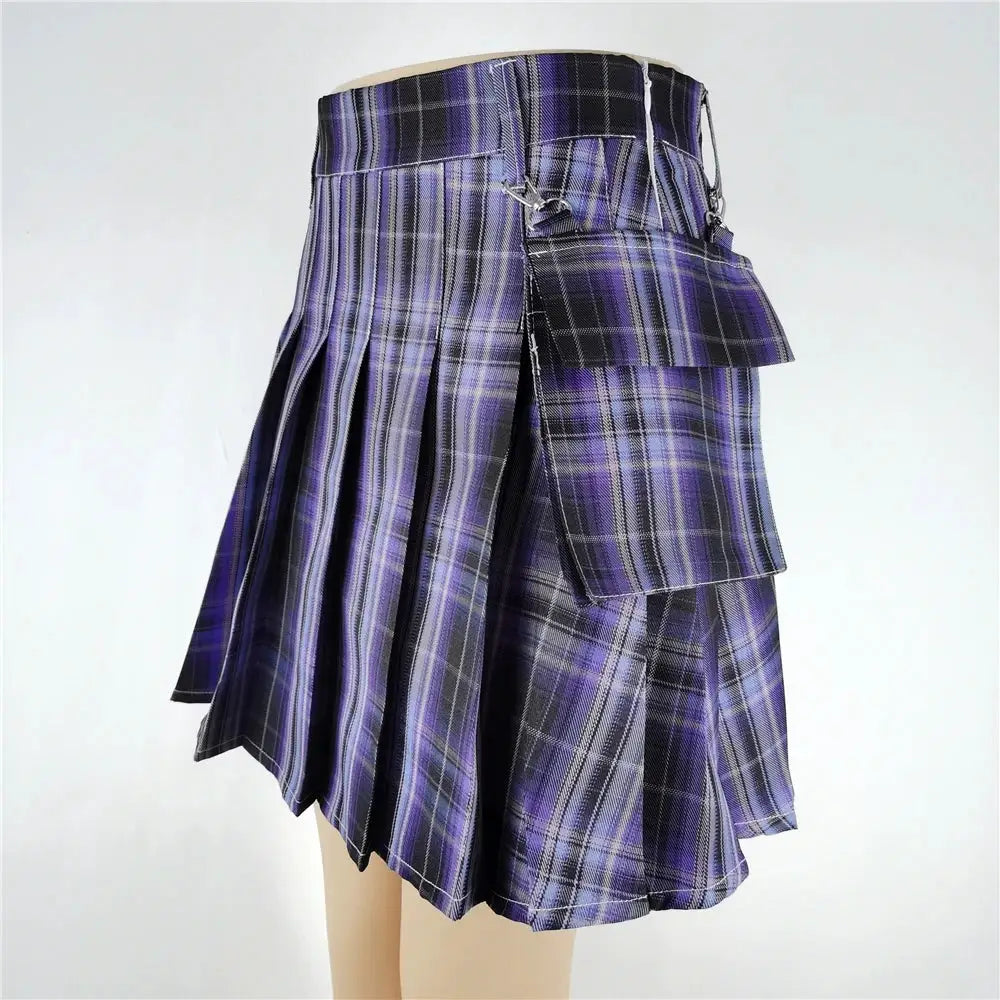 Harajuku punk plaid mini skirt, purple-black high-waist with belt, patchwork panels, Simples Market women's streetwear
