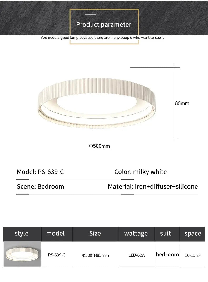 Round milky white metal LED ceiling light with ribbed ring for bedroom