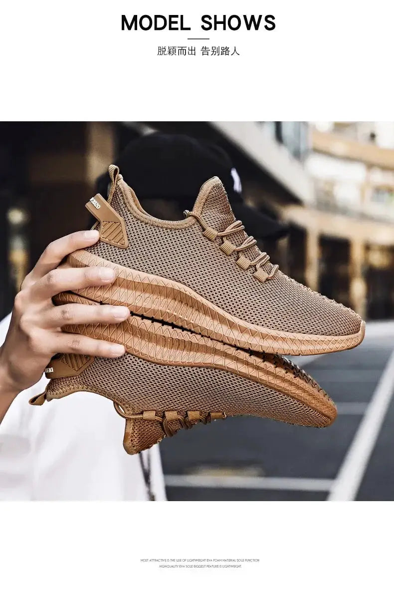 Simples Market men's knit lace-up sneakers, tan breathable mesh, non-slip outsole.