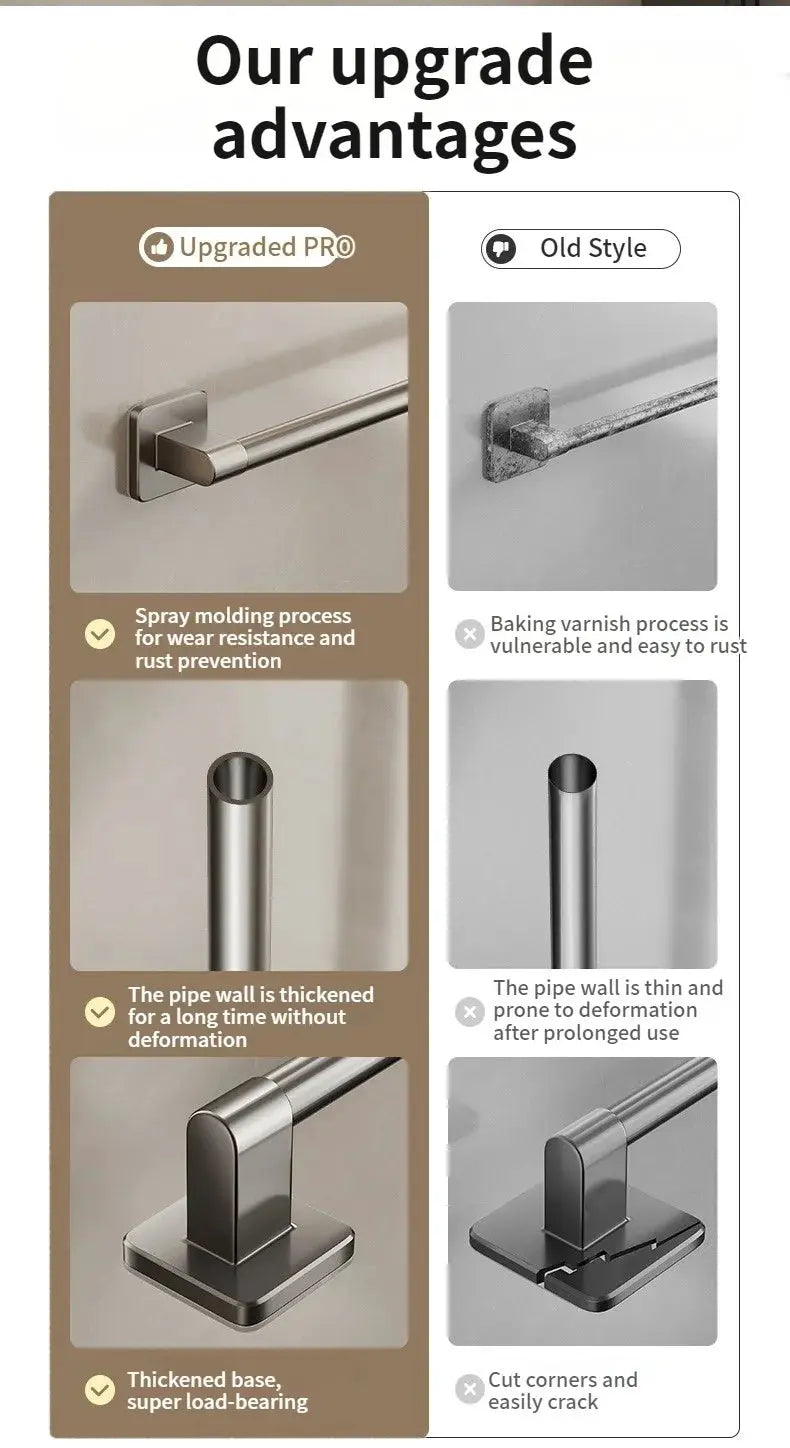 Towel bar and rack for bathroom, stainless steel with brushed finish and upgraded PRO thickened base