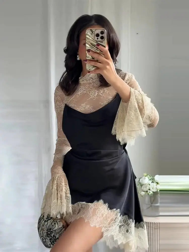 Elegant Satin Dress With Lace Trim For Women High Neck Color Block Y2K