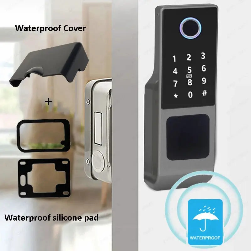 Tuya WiFi double-side fingerprint door lock with keypad, waterproof cover and silicone pad for outdoor courtyard gate