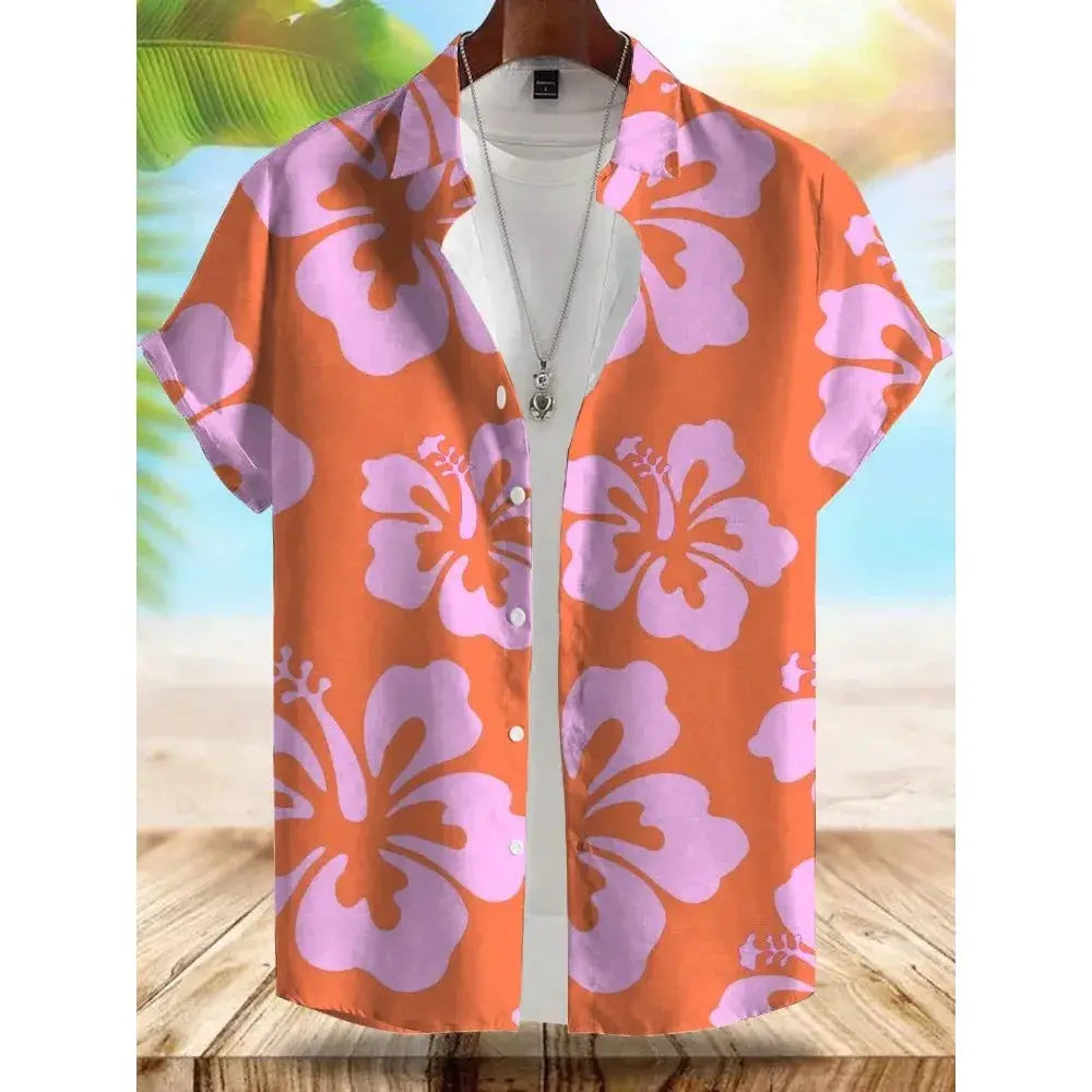 Seaside Hawaiian Style men's short-sleeve shirt by Simples Market in orange with pink hibiscus print.