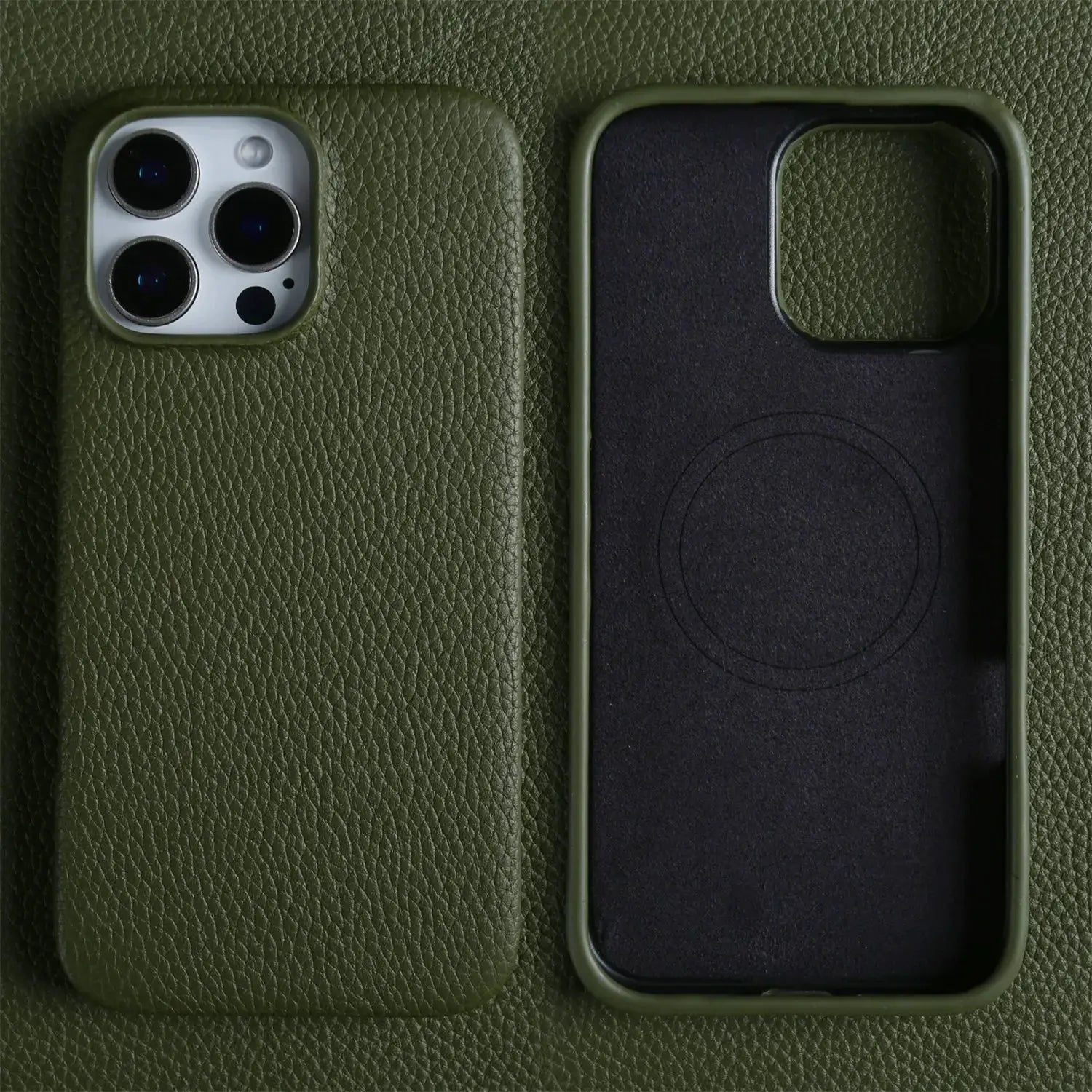 Genuine leather MagSafe phone case in olive green for iPhone 11–16 Pro Max, full-wrap back cover