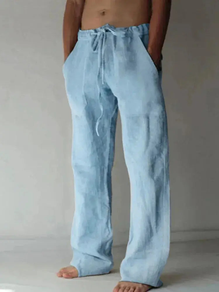 Men's Cotton Linen Long Pants Solid Color Summer Breathable Trousers Elastic Waist Casual Harajuku Style