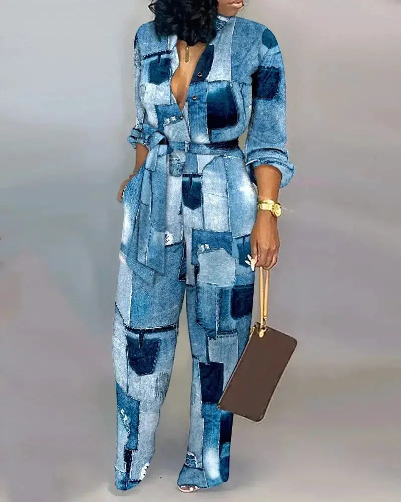 Patchwork denim jumpsuit with belt, long sleeves, wide legs