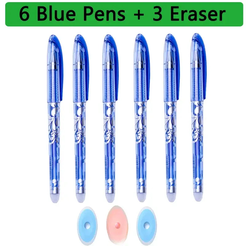 Six blue erasable gel pens with three erasers; transparent bodies with white swirl patterns
