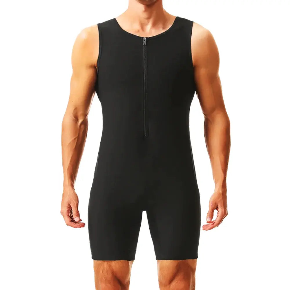 Men's black sauna jumpsuit with front zipper, sleeveless body shaper for fitness