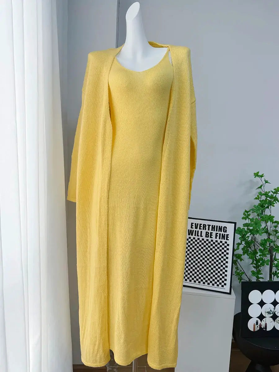 Three Piece Women Cardigan Vest Dress Set With Long Sleeve Outfit