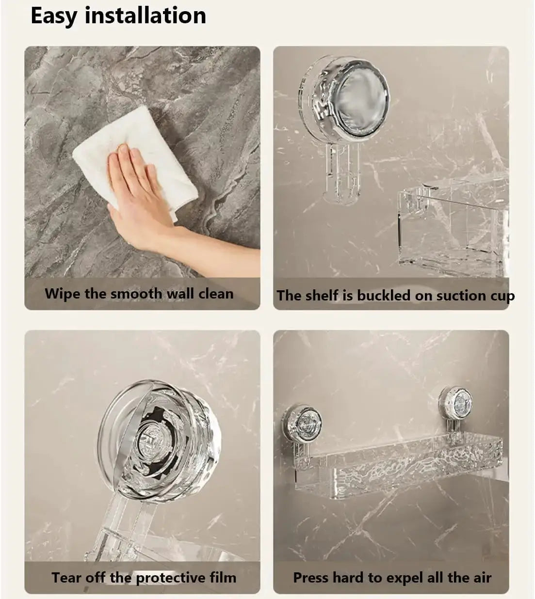 Suction cup bathroom storage shelf by Simples Market in glacier pattern, clear finish, no-drill.