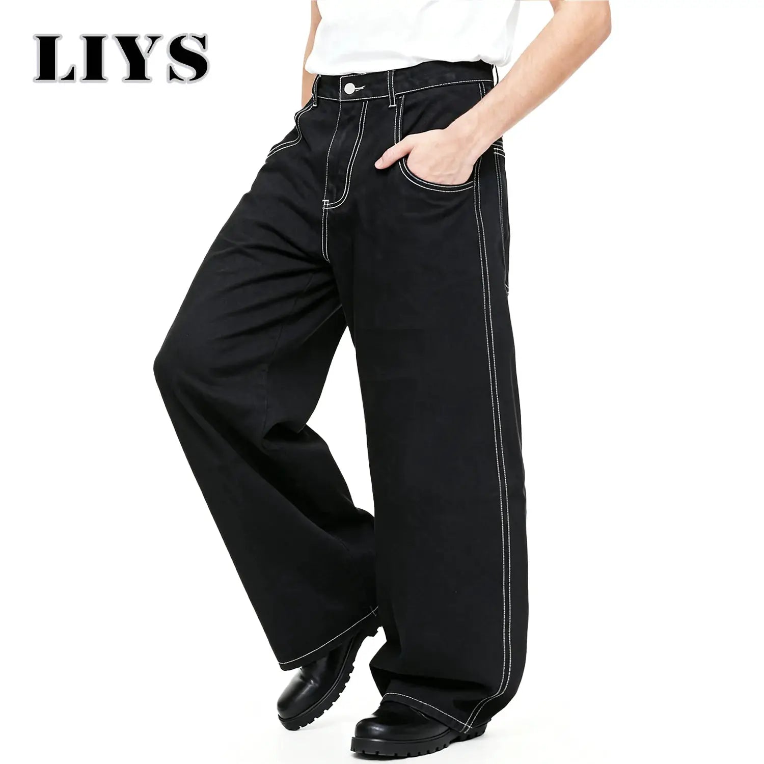 Simples Market black baggy wide-leg denim jeans with white contrast stitching