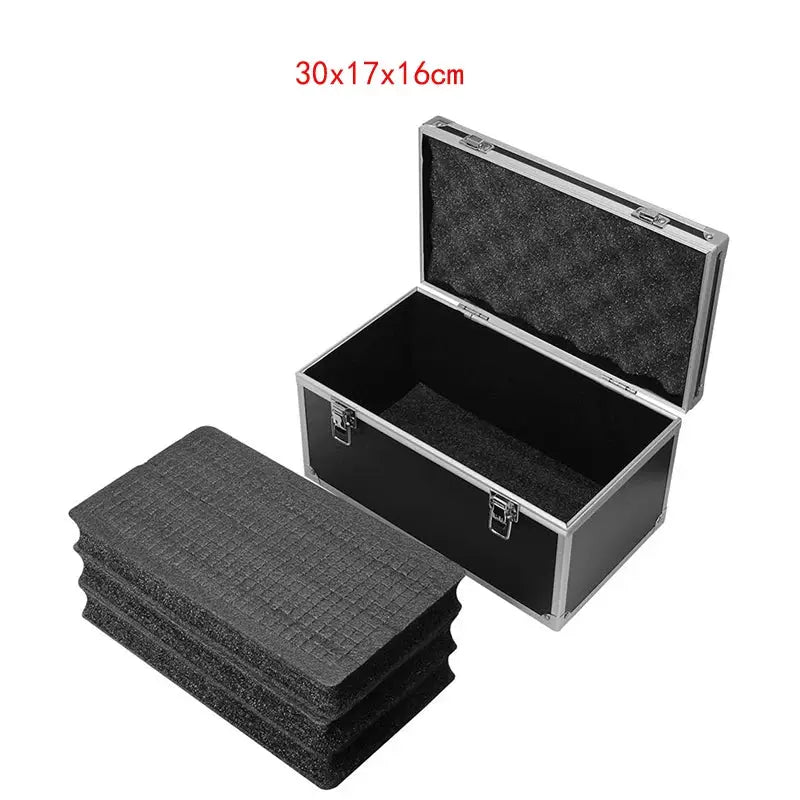 Simples Market shockproof aluminum tool organizer case with foam interior, open lid and extra foam sheets (30x17x16 cm)