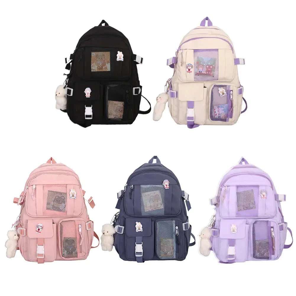 Simples Market school backpack, lightweight multi-pocket rucksack in 5 colors with plush keychain charms