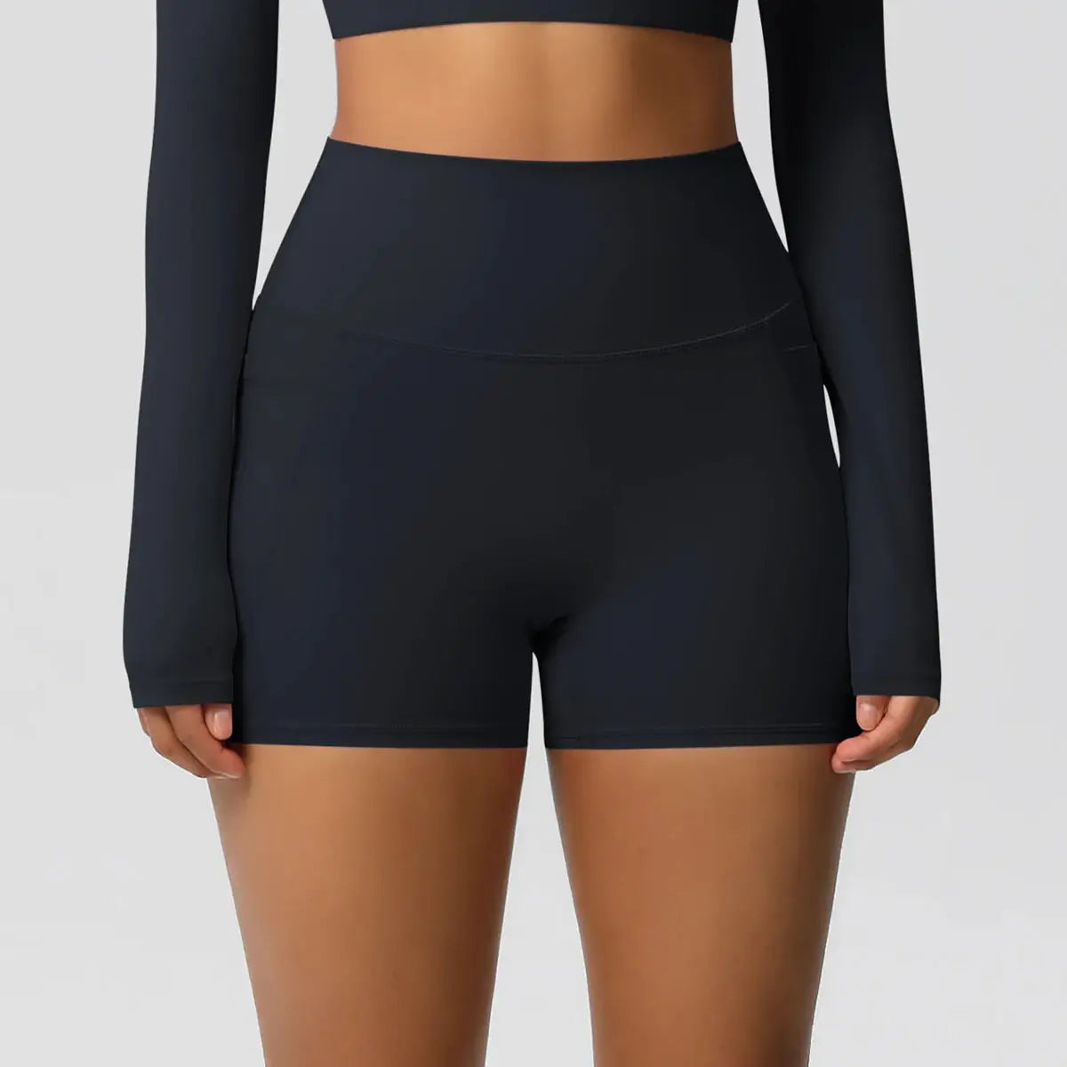 Women’s black high-waist pocketed athletic shorts, squat-proof for yoga and workouts